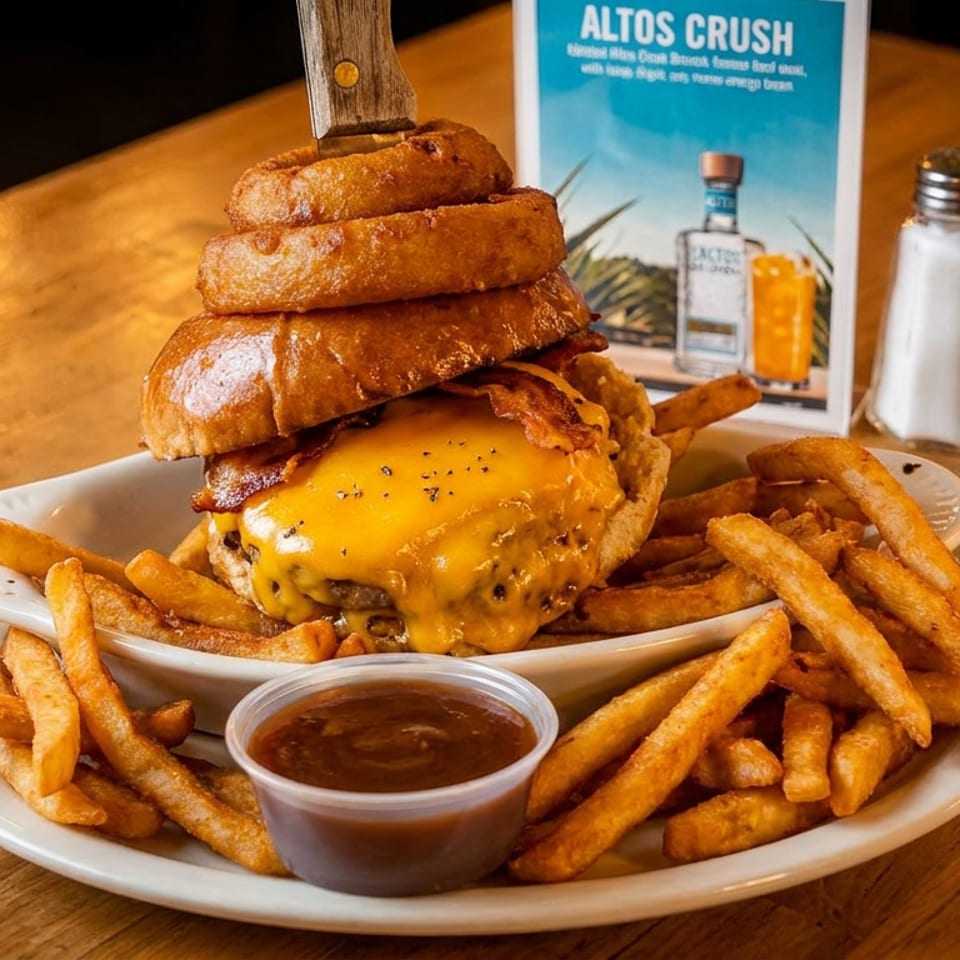 Bacon cheeseburger stacked with onion rings, served with fries and dipping sauce on a wooden restaurant table.
