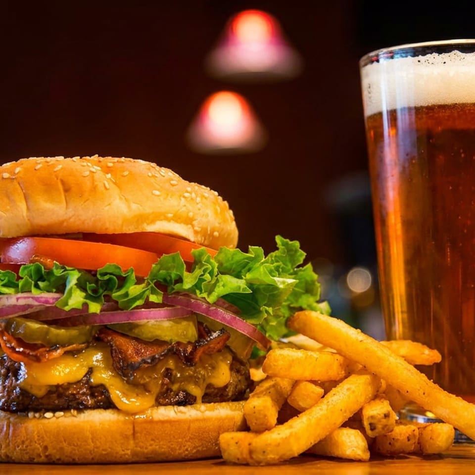 Cheeseburger topped with lettuce, tomato, onions, pickles, and bacon beside French fries and a pint of beer.