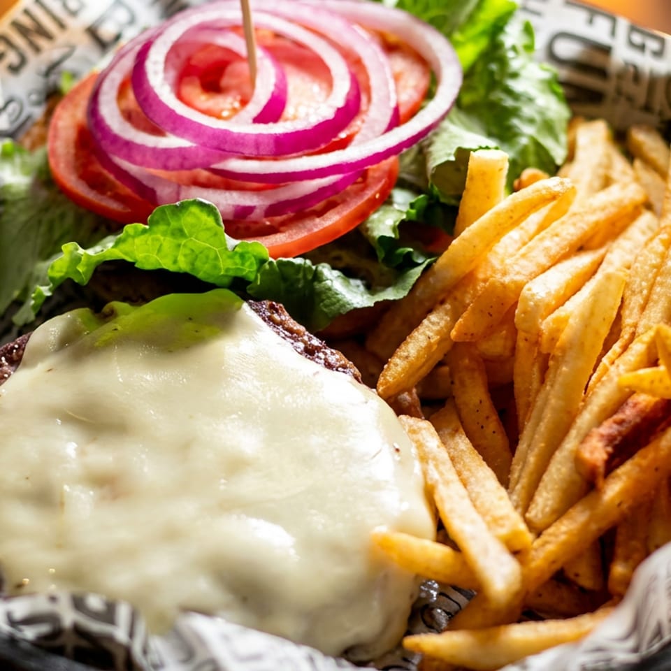 Cheeseburger topped with lettuce, tomato, and red onion served alongside golden fries and a pickle in a paper-lined basket.