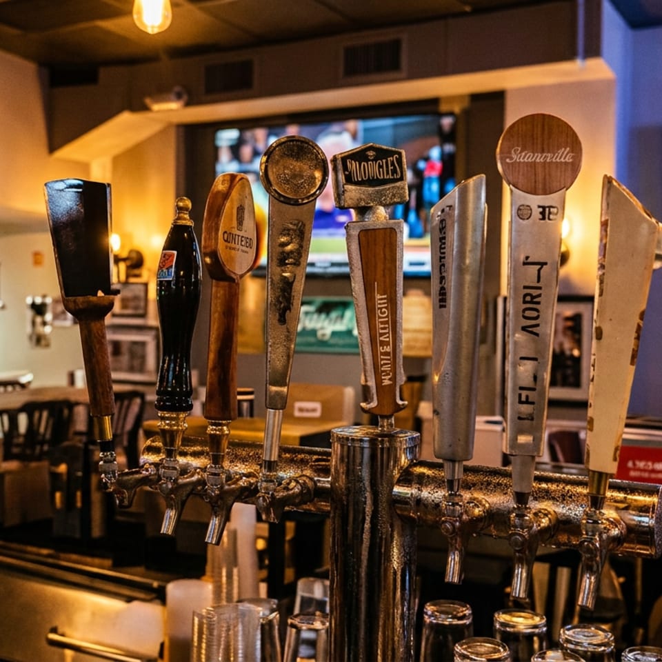 Beer taps line the bar at a warmly lit sports pub, with televisions broadcasting games in the background.