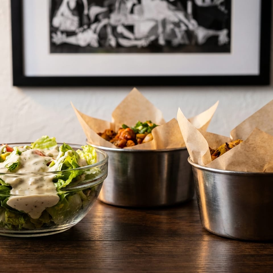 Glass bowl of dressed green salad beside two metal baskets of crispy fried food on a wooden restaurant table.