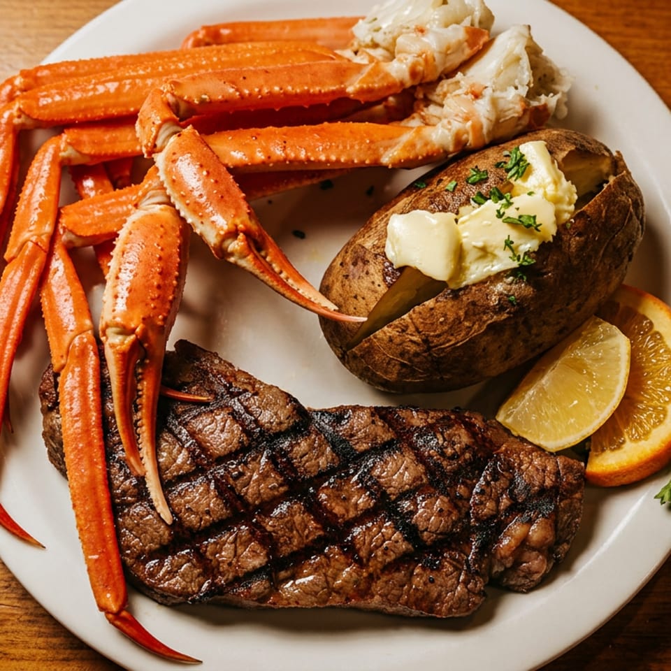 Grilled steak served with snow crab legs, a butter-topped baked potato, lemon wedges, orange slices, and parsley.